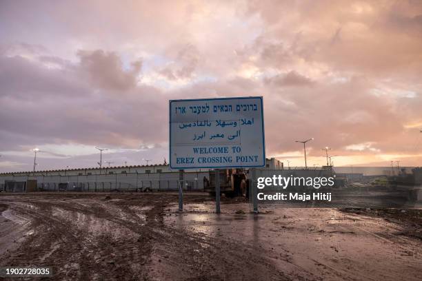 Sign reading "Welcome to Erez Crossing point" stands at deserted parking of the Erez crossing is seen at the Israeli-Gaza border on January 02, 2024...