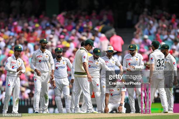 Pakistan's Aamer Jamal is reacting after taking his fifth wicket in the first innings during day three of the third cricket Test match between...