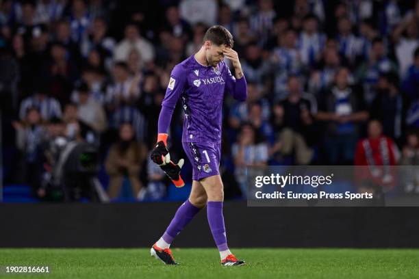 Alex Remiro of Real Sociedad reacts during the LaLiga EA Sports match between Real Sociedad and Deportivo Alaves at Reale Arena on January 2 in San...