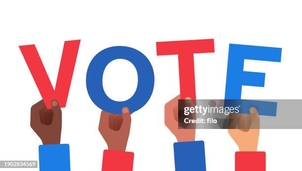 ilustraciones, imágenes clip art, dibujos animados e iconos de stock de votar personas letras manos - tarjeta censal