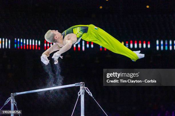 October 01: Adam Steele of Ireland performs his horizontal bar routine during Men's Qualifications at the Artistic Gymnastics World...