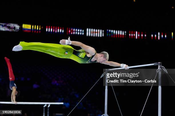 October 01: Adam Steele of Ireland performs his horizontal bar routine during Men's Qualifications at the Artistic Gymnastics World...