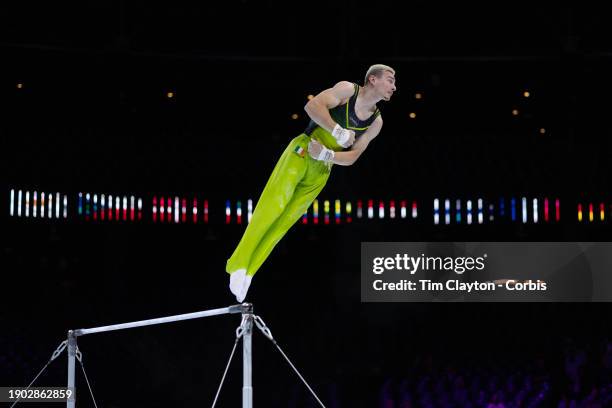 October 01: Adam Steele of Ireland performs his horizontal bar routine during Men's Qualifications at the Artistic Gymnastics World...