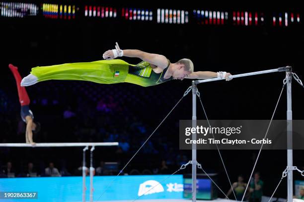 October 01: Adam Steele of Ireland performs his horizontal bar routine during Men's Qualifications at the Artistic Gymnastics World...