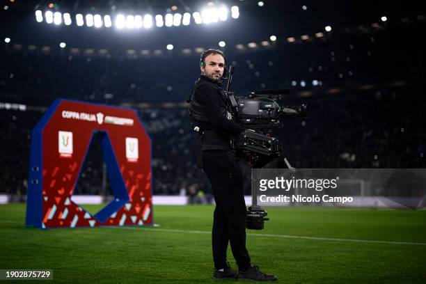 Cameraman holds a steadycam next to the Coppa Italia archway structure prior to the Coppa Italia football match between Juventus FC and US...