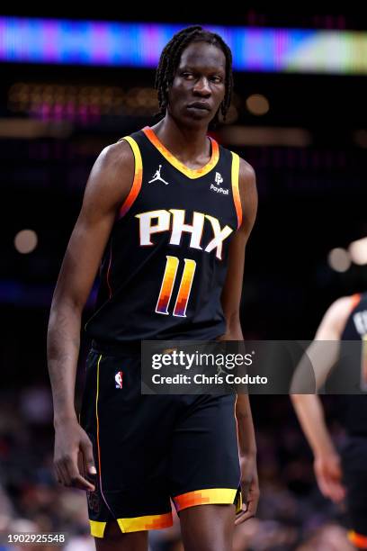 Bol Bol of the Phoenix Suns in action during the game against the Portland Trail Blazers at Footprint Center on January 01, 2024 in Phoenix, Arizona....