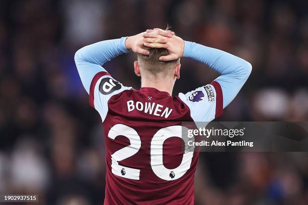 Jarrod Bowen of West Ham United reacts after a missed chance during the Premier League match between West Ham United and Brighton & Hove Albion at...