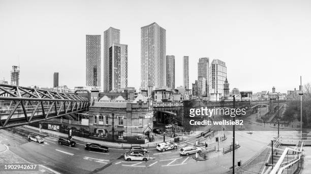 deansgate panorama in black and white - aerial view of manchester stock pictures, royalty-free photos & images