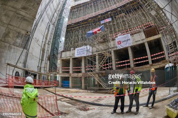 View from the bottom of the massive shaft-like structure under construction during Portuguese Prime Minister Antonio Costa visit with the Minister of...