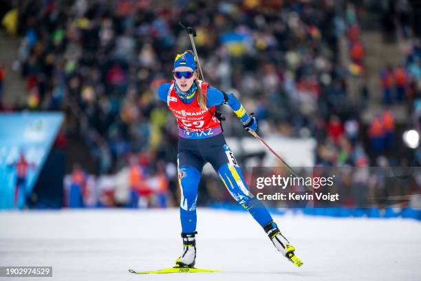 Khrystyna Dmytrenko of Ukraine competes during the WoMen's 7.5 km Sprint at the BMW IBU World Cup Biathlon Oberhof on January 5, 2024 in Oberhof,...