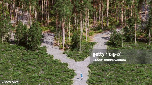 businesswoman stands before a forked path, deliberating direction - fork stock pictures, royalty-free photos & images