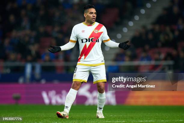 Radamel Falcao of Rayo Vallecano reacts during the LaLiga EA Sports match between Getafe CF and Rayo Vallecano at Civitas Metropolitano Stadium on...