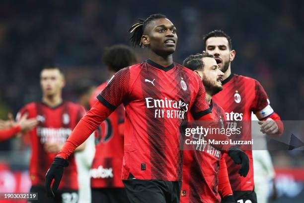 Rafael Leao of AC Milan celebrates scoring their team's fourth goal during the Coppa Italia match between AC Milan and Cagliari Calcio at San Siro on...