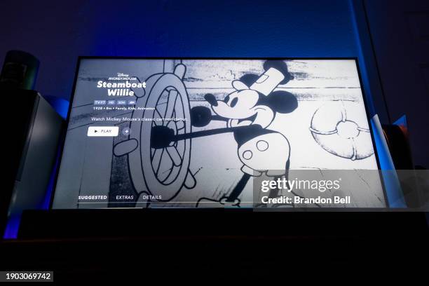 In a photo illustration, an episode of Disney's Steamboat Willie that was the debut of Mickey Mouse is seen on a television set on January 02, 2024...