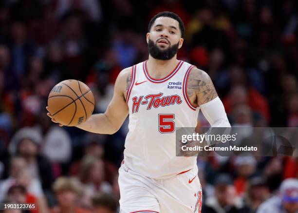 Fred VanVleet of the Houston Rockets in action against the Philadelphia 76ers during the second half at Toyota Center on December 29, 2023 in...