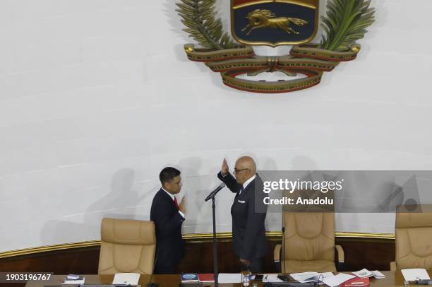 Jorge Rodriguez swears in Pedro Infante as First Vice President of the National Assembly during the opening ceremony of the legislative year in...