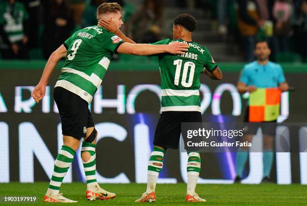 Marcus Edwards of Sporting CP celebrates with teammate Viktor Gyokeres of Sporting CP after scoring a goal during the Liga Portugal Betclic match...