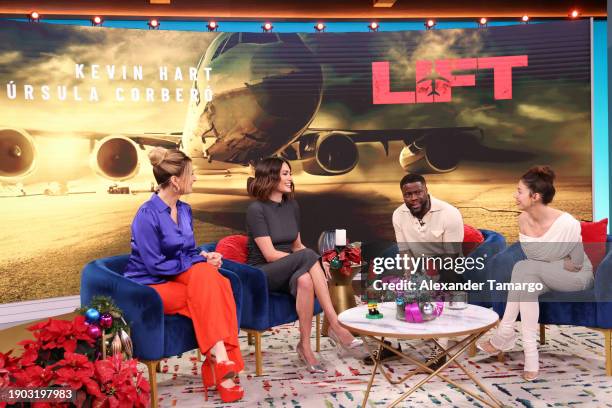 Anette Cuburu, Andrea Meza, Kevin Hart and Ursula Corbero are seen on the set of Telemundo's "Hoy Dia" morning show to promote the Netflix movie...