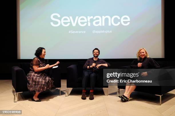 Moderator Jenelle Riley, Adam Scott and Patricia Arquette attend the ÒSeveranceÓ FYC Emmy screening and Q&A at The Edition. ÒSeveranceÓ is available...