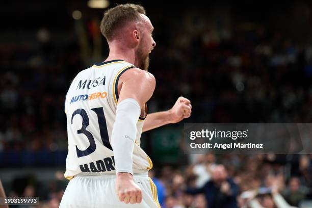 Dzanan Musa, #31 of Real Madrid celebrates during the Turkish Airlines EuroLeague match between Real Madrid and Anadolu Efes Istanbul at WiZink...