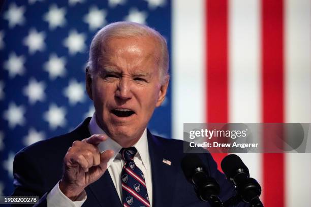 President Joe Biden speaks during a campaign event at Montgomery County Community College January 5, 2024 in Blue Bell, Pennsylvania. In his first...