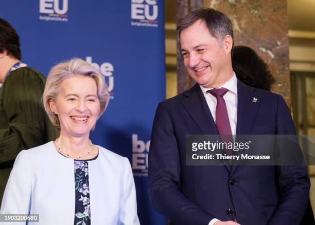 President of the European Commission Ursula von der Leyen and the Belgium Prime Minister Alexander De Croo pose for a group photo prior a concert in...