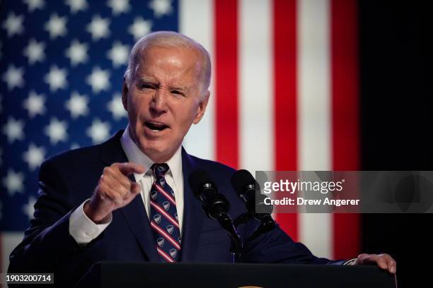President Joe Biden speaks during a campaign event at Montgomery County Community College January 5, 2024 in Blue Bell, Pennsylvania. In his first...