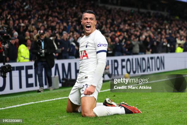 Pedro Porro of Tottenham Hotspur celebrates scoring the 1st goal during the Emirates FA Cup Third Round match between Tottenham Hotspur and Burnley...