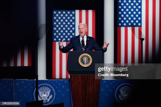 President Joe Biden speaks during an event marking the three-year anniversary of the January 6 insurrection at the US Capitol, at Montgomery County...