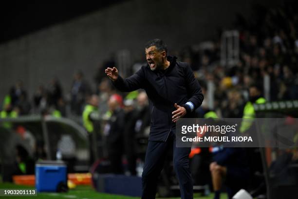 Porto's Portuguese coach Sergio Conceicao gestures on the sidelines during the Portuguese League football match between Boavista FC and FC Porto at...
