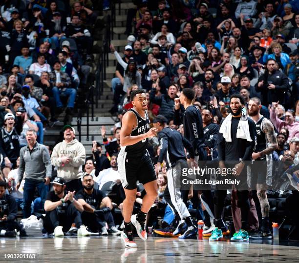 Keldon Johnson of the San Antonio Spurs looks on during the game against the Milwaukee Bucks on January 4, 2024 at the Frost Bank Center in San...