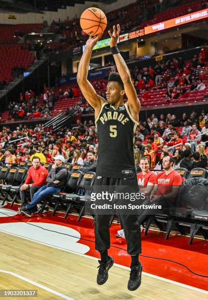 Purdue Boilermakers guard Myles Colvin warms up prior to the Purdue Boilermakers game versus the Maryland Terrapins on January 2, 2024 at Xfinity...