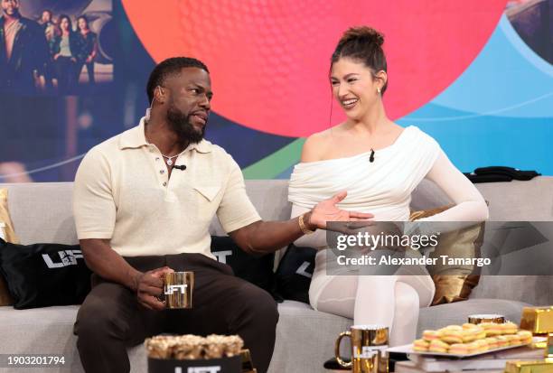 Kevin Hart and Ursula Corbero are seen on the set of Univision's "Despierta America" to promote the Netflix movie "LIFT" at Univision Studios on...