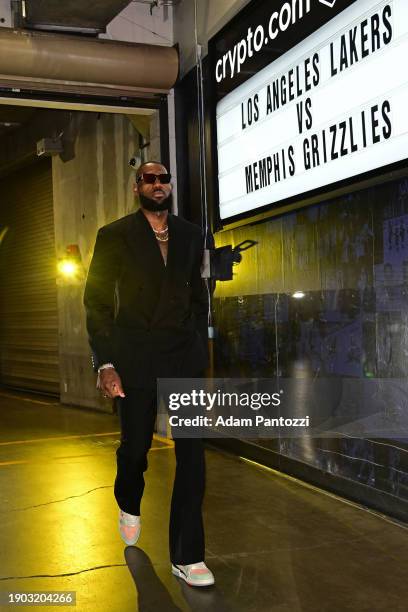 LeBron James of the Los Angeles Lakers arrives to the arena before the game against the Memphis Grizzlies on January 5, 2024 at Crypto.Com Arena in...