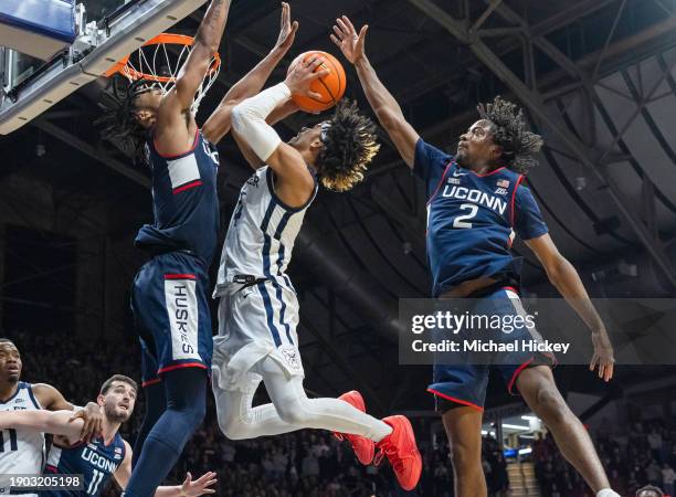 Davis of the Butler Bulldogs shoots the ball against Stephon Castle of the Connecticut Huskies during the second half at Hinkle Fieldhouse on January...