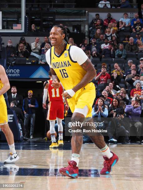 James Johnson of the Indiana Pacers smiles during the game against the Atlanta Hawks on January 5, 2024 at Gainbridge Fieldhouse in Indianapolis,...