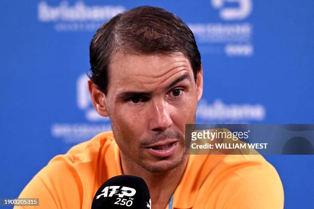 Spain's Rafael Nadal speaks during a press conference after his loss in his men's singles match against Jordan Thompson of Australia at the Brisbane...