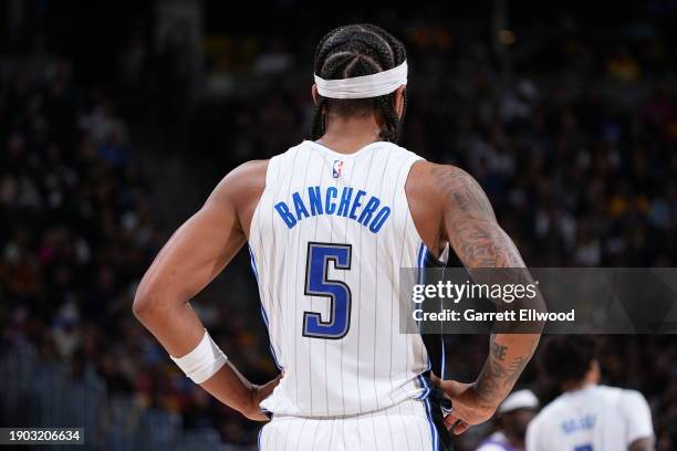 Paolo Banchero of the Orlando Magic looks on during the game against the Denver Nuggets on January 5, 2024 at the Ball Arena in Denver, Colorado....