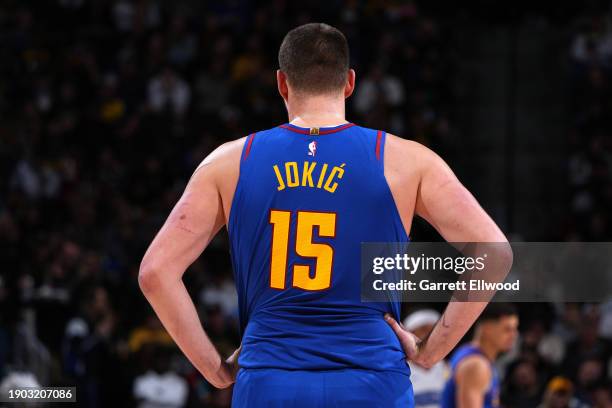 Nikola Jokic of the Denver Nuggets looks on during the game against the Orlando Magic on January 5, 2024 at the Ball Arena in Denver, Colorado. NOTE...