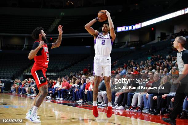 Jeremy Lamb of the Stockton Kings shoots the ball during the game against the Windy City Bulls on January 5, 2024 at NOW Arena in Hoffman Estates,...
