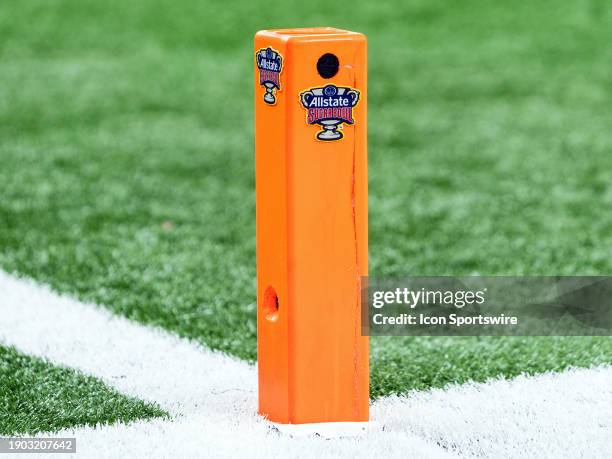 The end zone pylon camera during the CFP Semifinal Allstate Sugar Bowl game between the Texas Longhorns and the Washington Huskies on January 01 at...