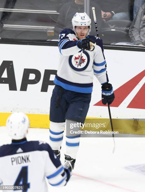 Nikolaj Ehlers of the Winnipeg Jets, celebrates his second-period goal against the Anaheim Ducks during the game at Honda Center on January 5, 2024...