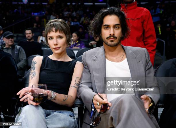Halsey and Avan Jogia attend the basketball game between the Memphis Grizzlies and Los Angeles Lakers at Crypto.com Arena on January 5, 2024 in Los...