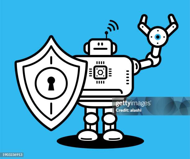 an artificial intelligence robot holds a shield in one hand and raises the other - robotic process automation stock illustrations