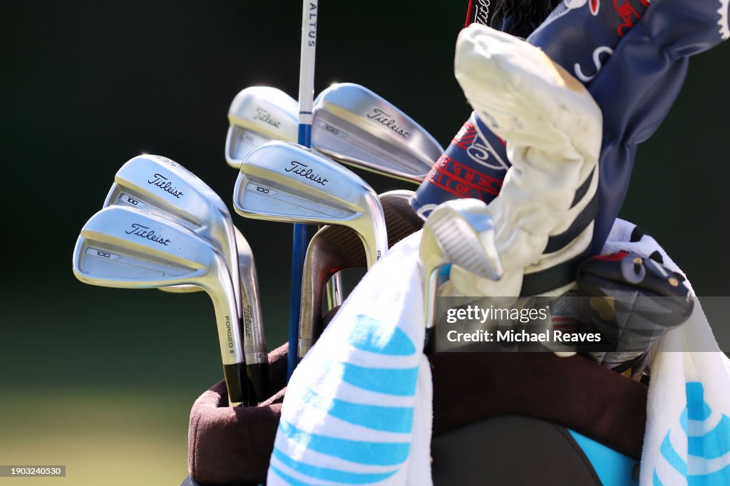 A detail of Jordan Spieth of the United States Titleist golf clubs