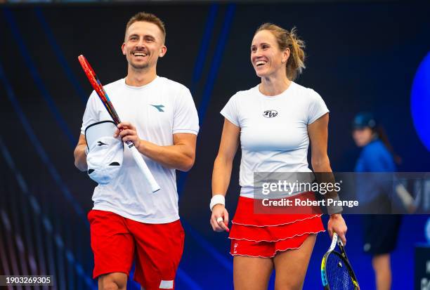 Katarzyna Kawa of Poland and Jan Zielinski of Poland play mixed doubles in the semi-final on Day 8 of the 2024 United Cup at Ken Rosewall Arena on...