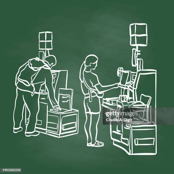 self-checkout times two chalkboard - self checkout line stock illustrations