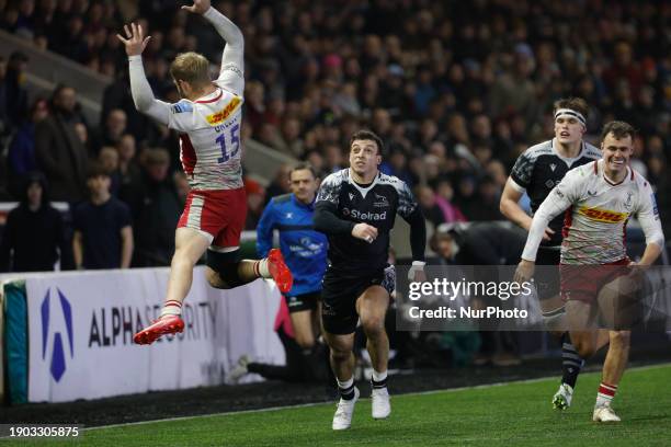 Adam Radwan of Newcastle Falcons is chasing a kick ahead during the Gallagher Premiership match between Newcastle Falcons and Harlequins at Kingston...