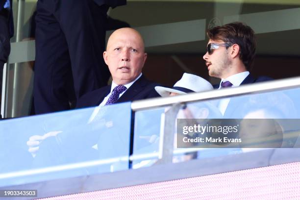 Peter Dutton, leader of the opposition Liberal Party looks on during day one of the Men's Third Test Match in the series between Australia and...