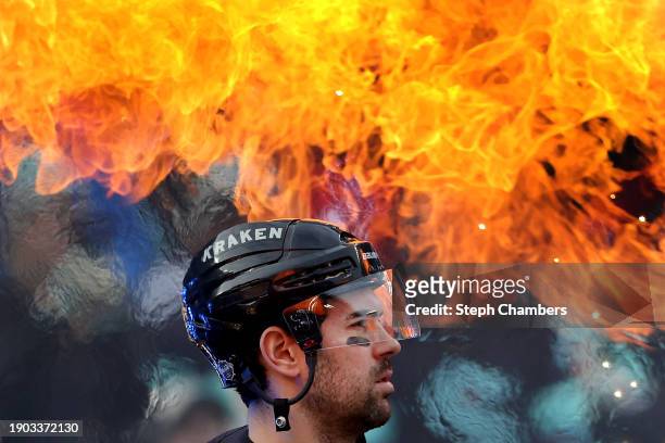 Justin Schultz of the Seattle Kraken walks toward the ice prior to the game against the Vegas Golden Knights at T-Mobile Park on January 01, 2024 in...
